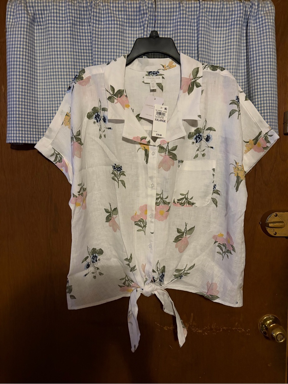 Charter Club White Floral Tie-Front Button Down Shirt